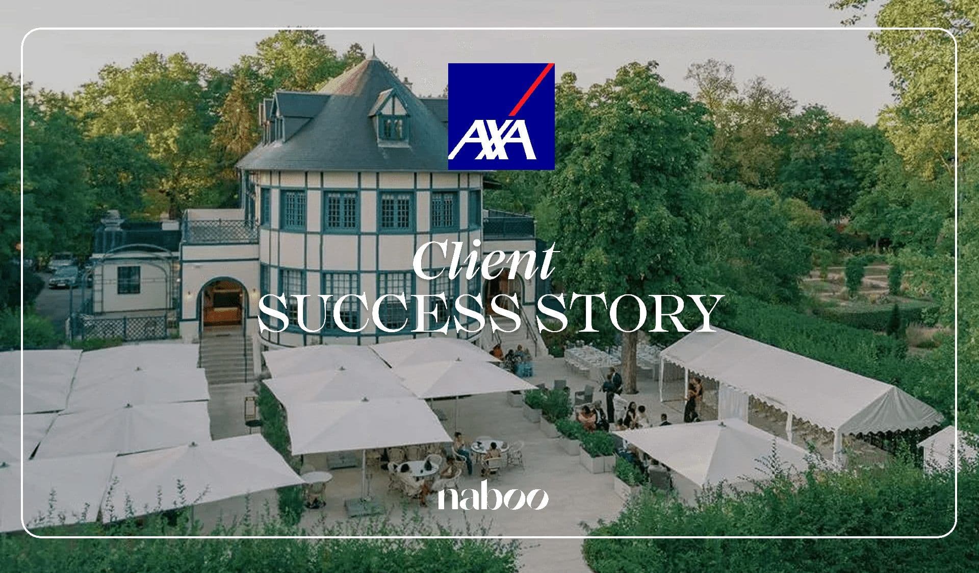 Historic corporate event venue with an outdoor terrace, white umbrellas, and guests for a company event.