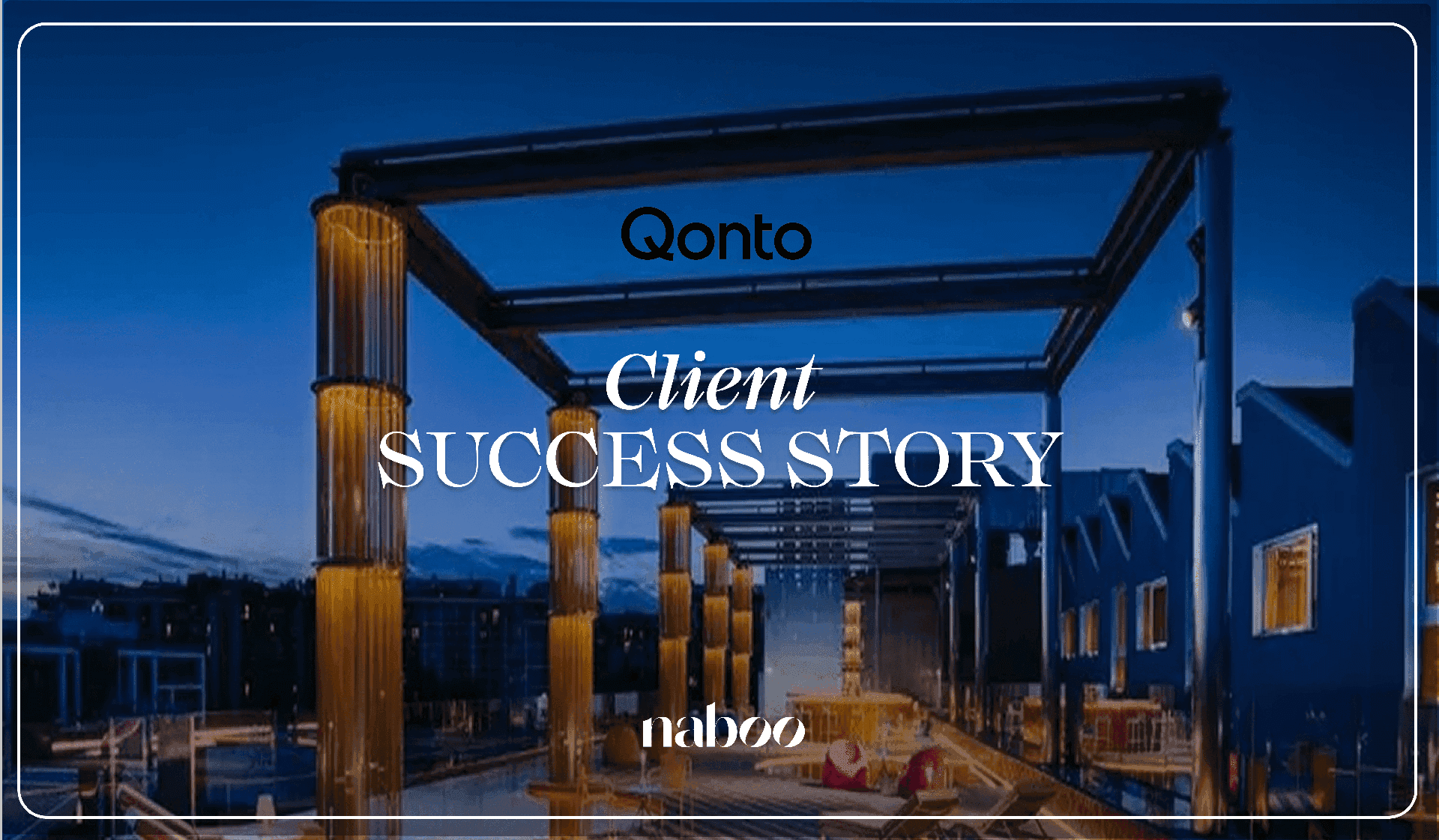 Illuminated rooftop event space with modern architecture and city views at dusk, ideal for corporate events.