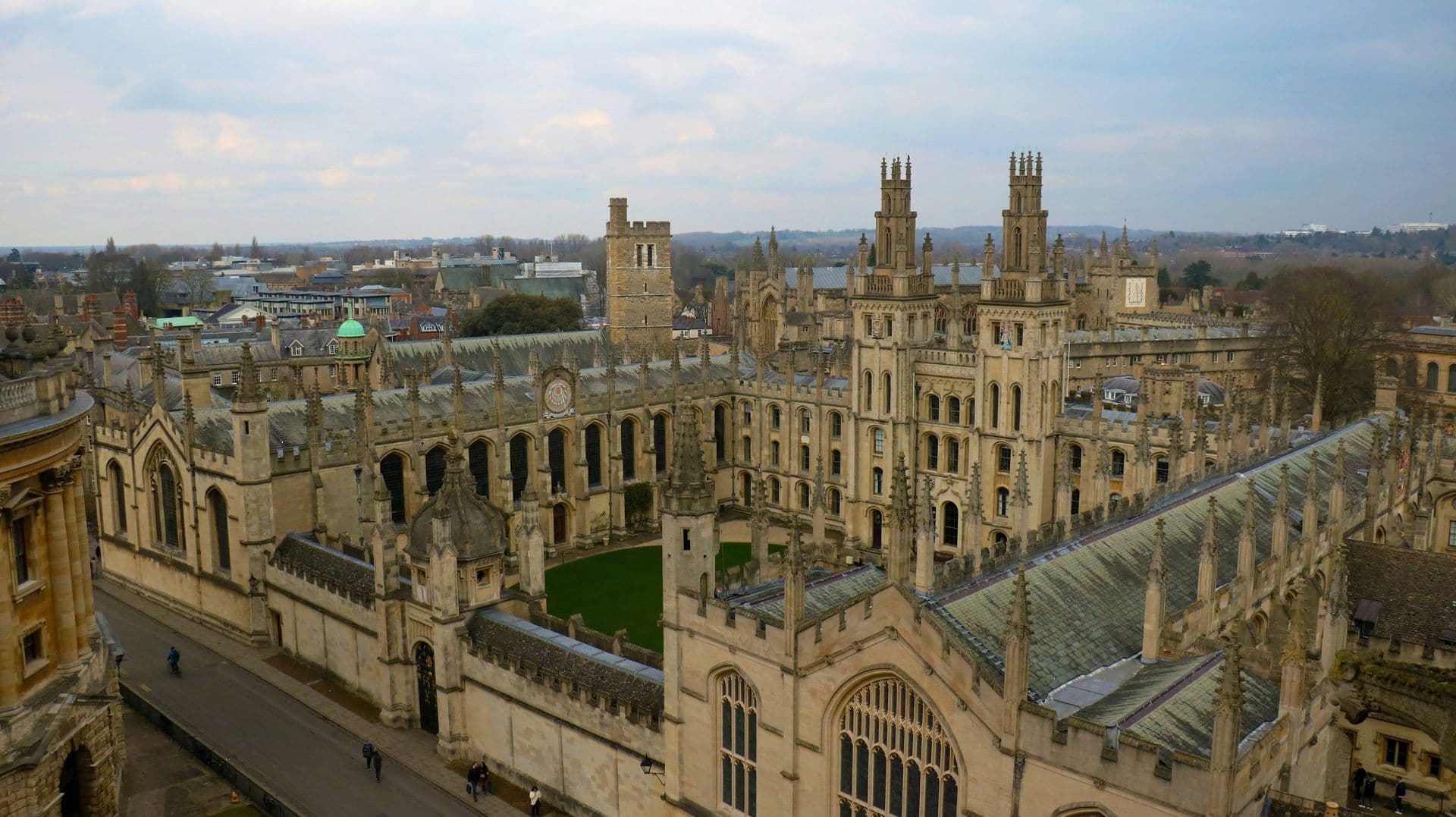 Aerial view of grand historic university buildings in Oxford, UK, a unique corporate event venue.