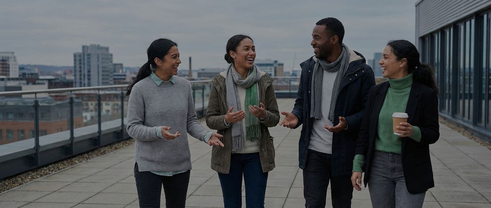Four diverse colleagues laughing and talking on a rooftop terrace, ideal for a corporate team offsite.