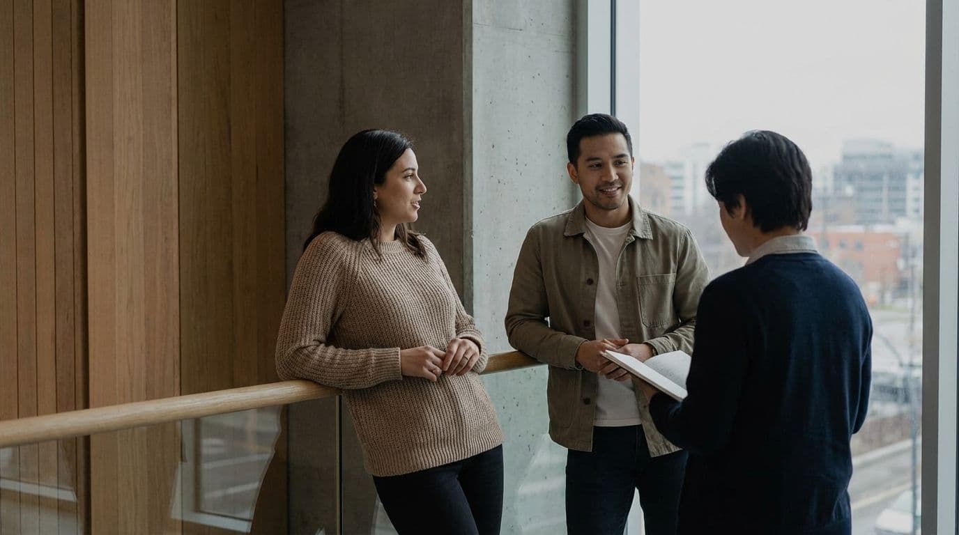 Three colleagues discuss in a bright, modern corporate event venue with large windows.