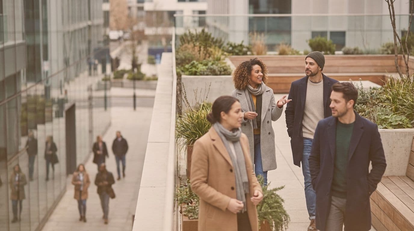 Professionals walk and talk on a modern outdoor terrace, ideal for corporate offsites and team building.
