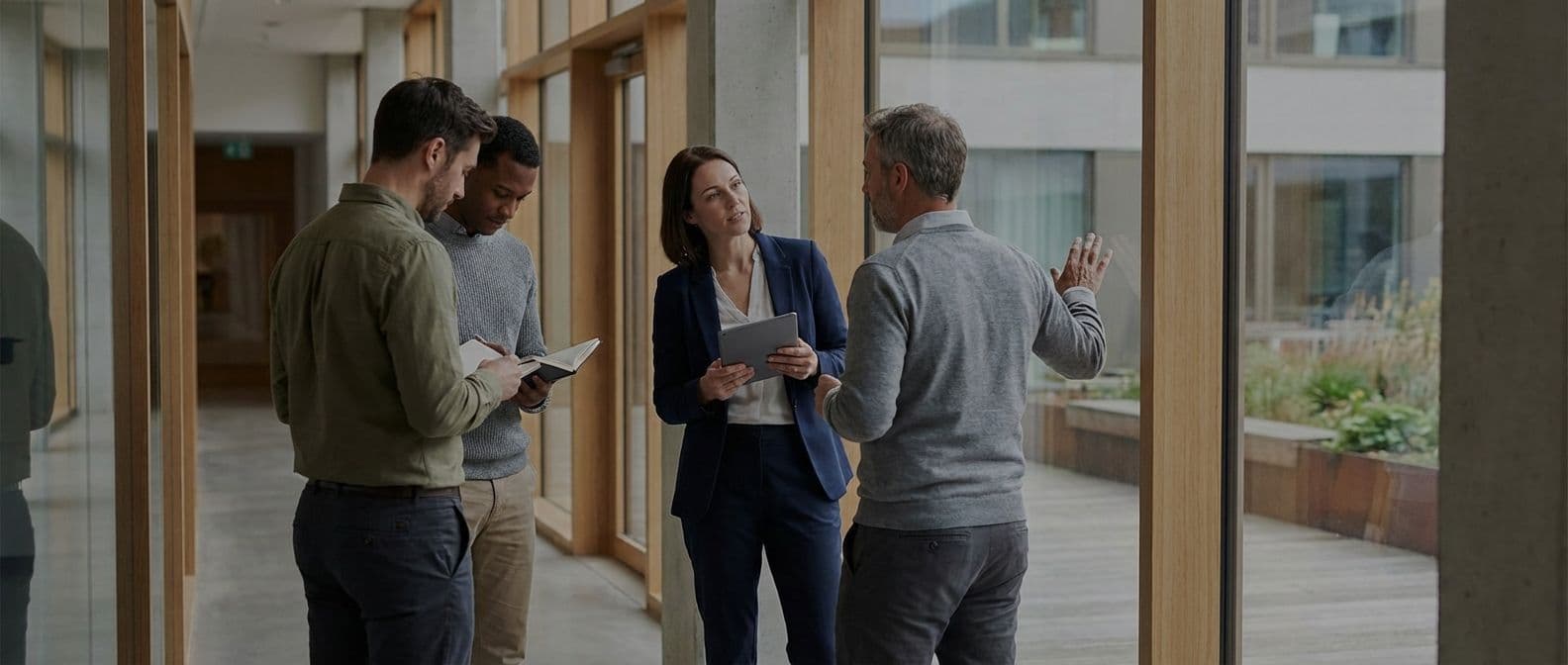 Four colleagues discuss ideas in a modern corporate event venue hallway with an outdoor view.