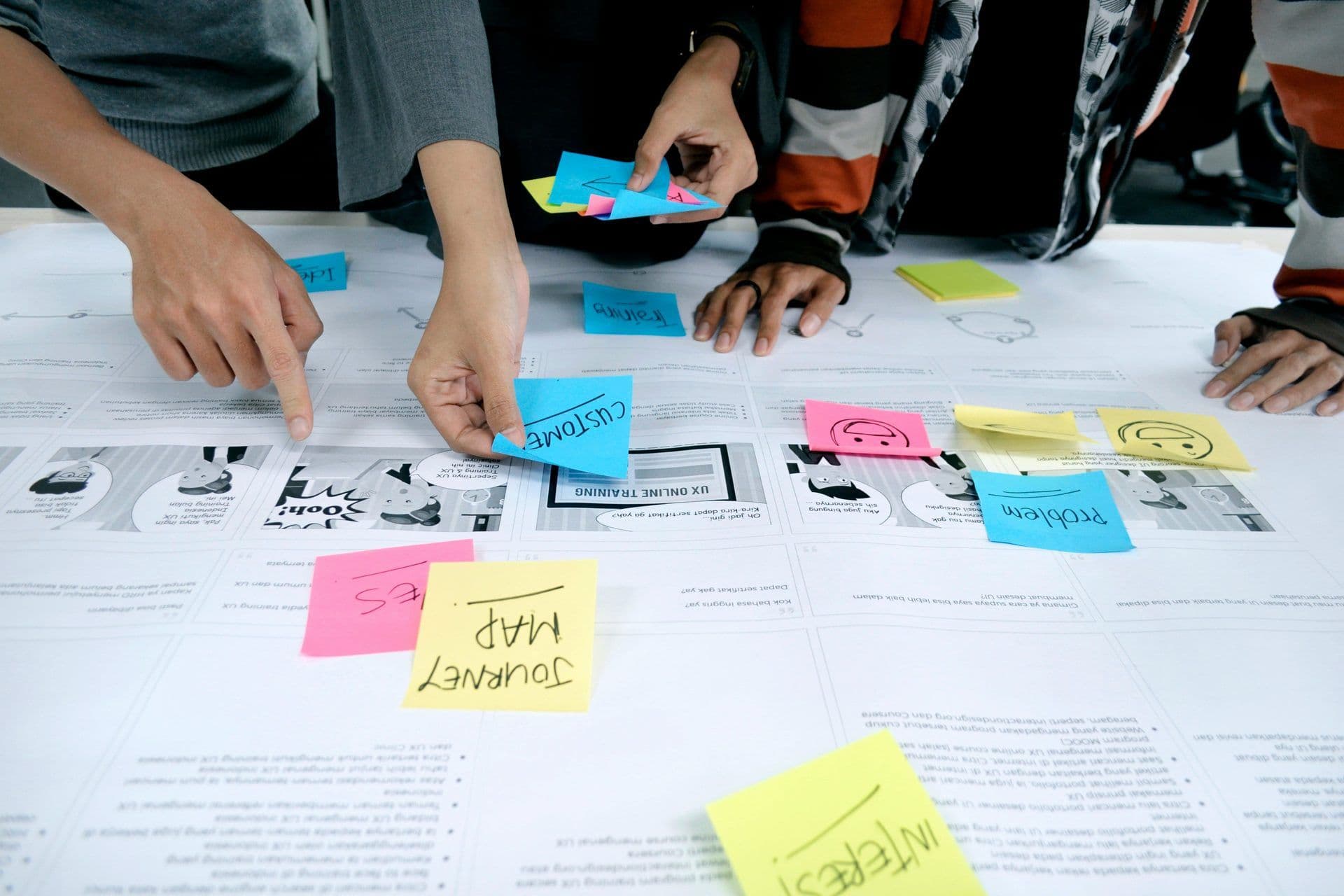 Hands collaborate, placing sticky notes on a workshop canvas during a corporate team building event.