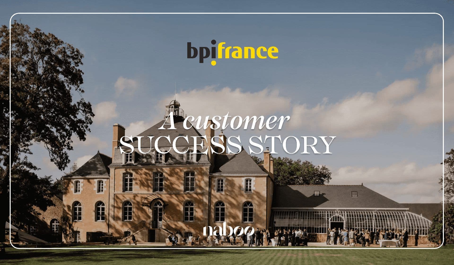 Elegant historic chateau serving as an offsite venue for a large corporate event with guests outdoors.
