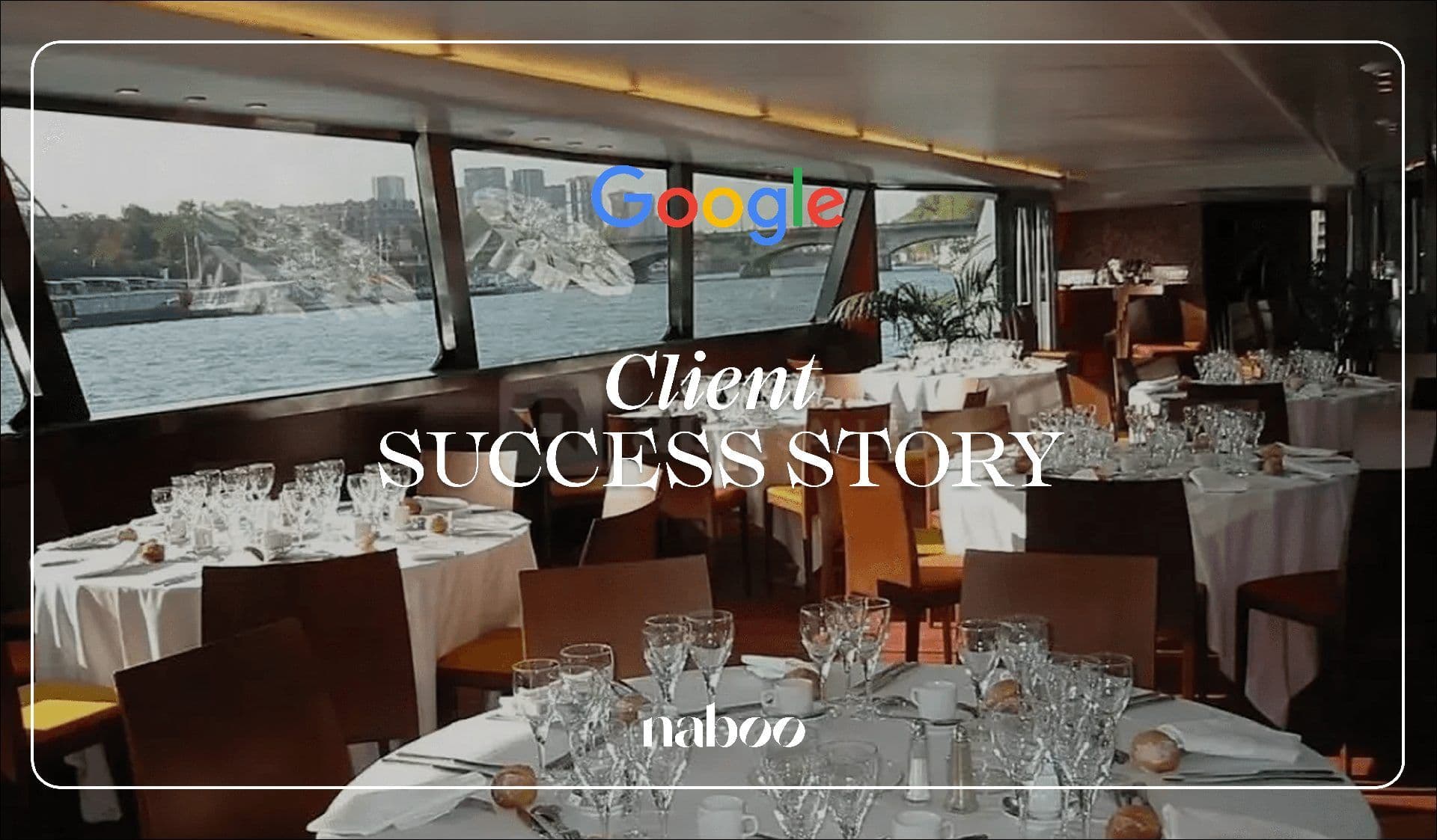 Elegant dining tables set for a corporate dinner on a privatised riverboat venue in Paris.