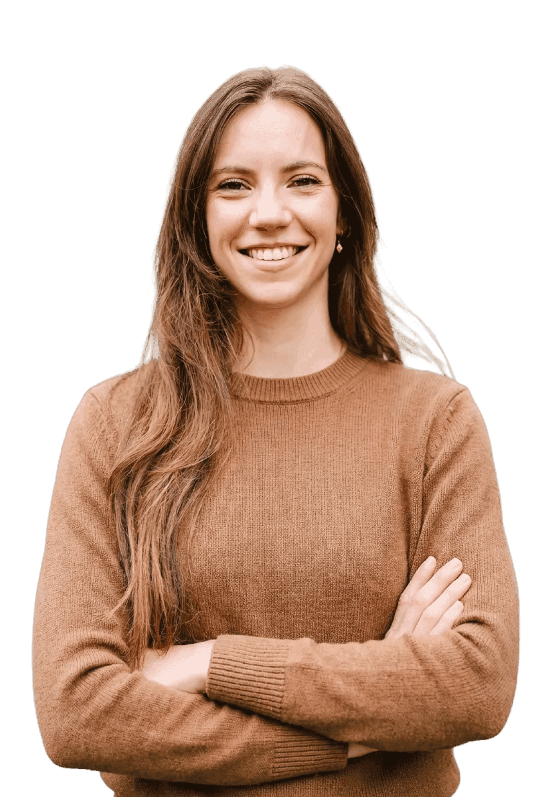 Smiling woman with long brown hair and brown sweater, arms crossed, ready to assist with corporate events.