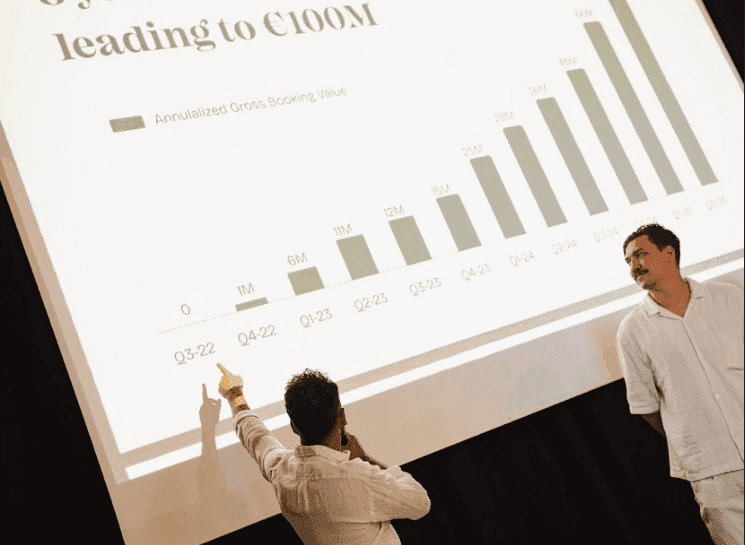 A presenter points at a bar chart showing annualized gross booking value during a corporate event.