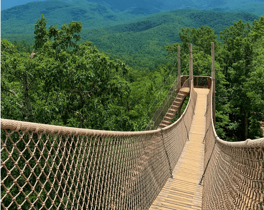 A long wooden suspension bridge with rope sides extends over a lush green mountain forest.