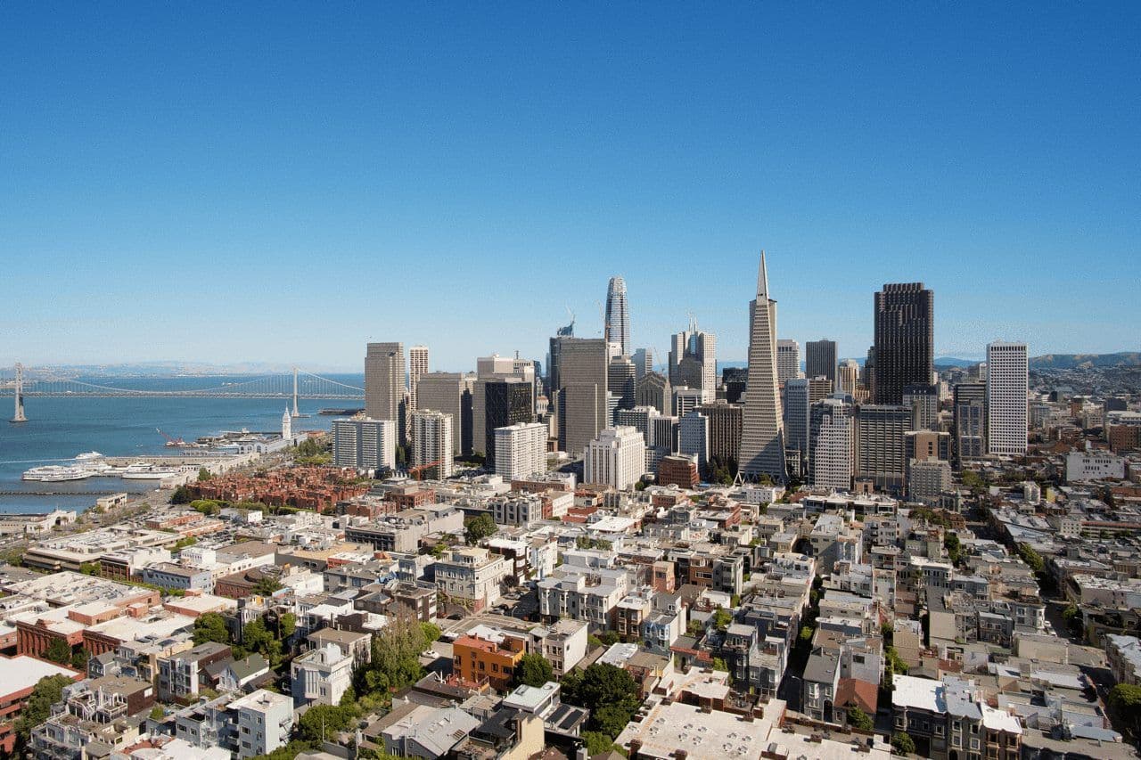 San Francisco skyline with the Transamerica Pyramid, Salesforce Tower, and Bay Bridge on a clear day.