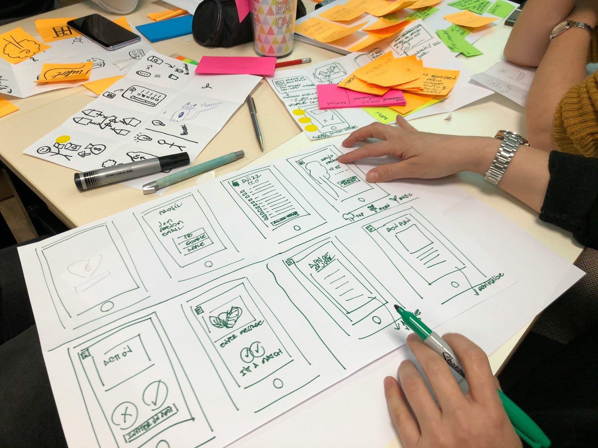 Participants brainstorm ideas and design app wireframes during a corporate workshop.