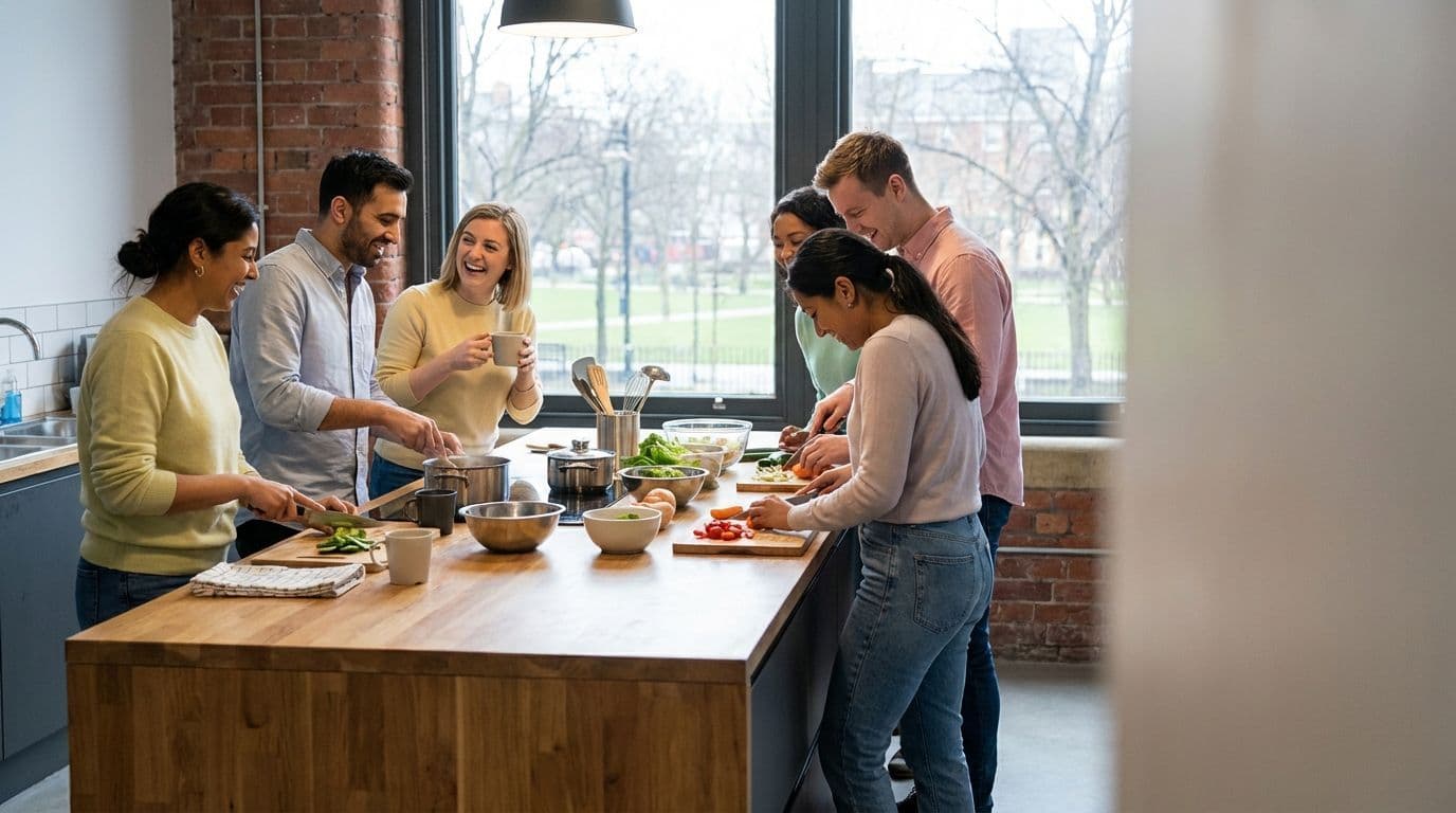 Clase de cocina: una actividad experiencial de trabajo en equipo para la colaboración y la conexión informal.