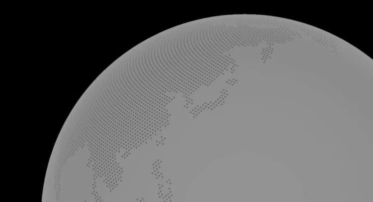 A minimalist white globe with a dotted map of Asia and Europe, set against a black background.