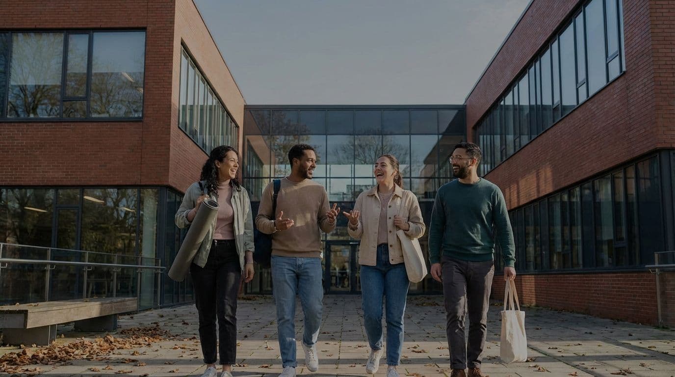 Four diverse professionals walk and talk outside a modern brick corporate event venue