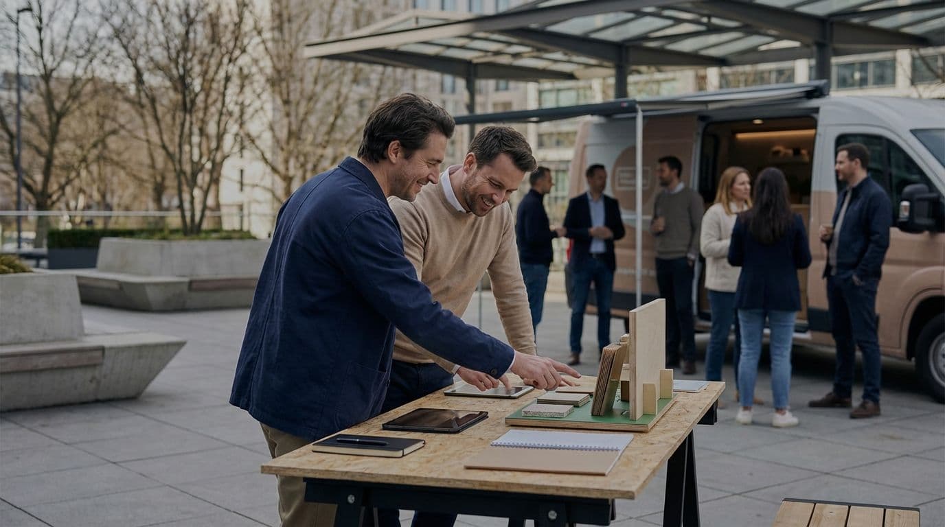 Smiling men examine a display at an outdoor corporate workshop or team offsite on a modern terrace.
