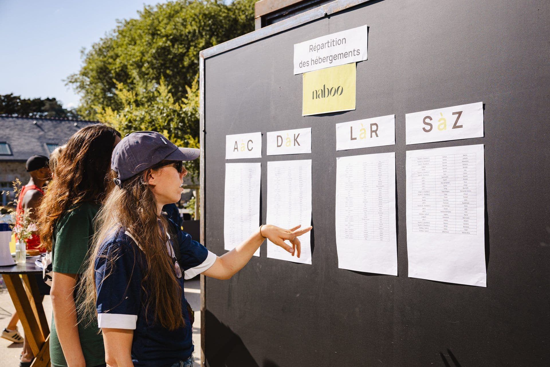 Attendees check accommodation lists on a board at an outdoor Naboo corporate offsite event.