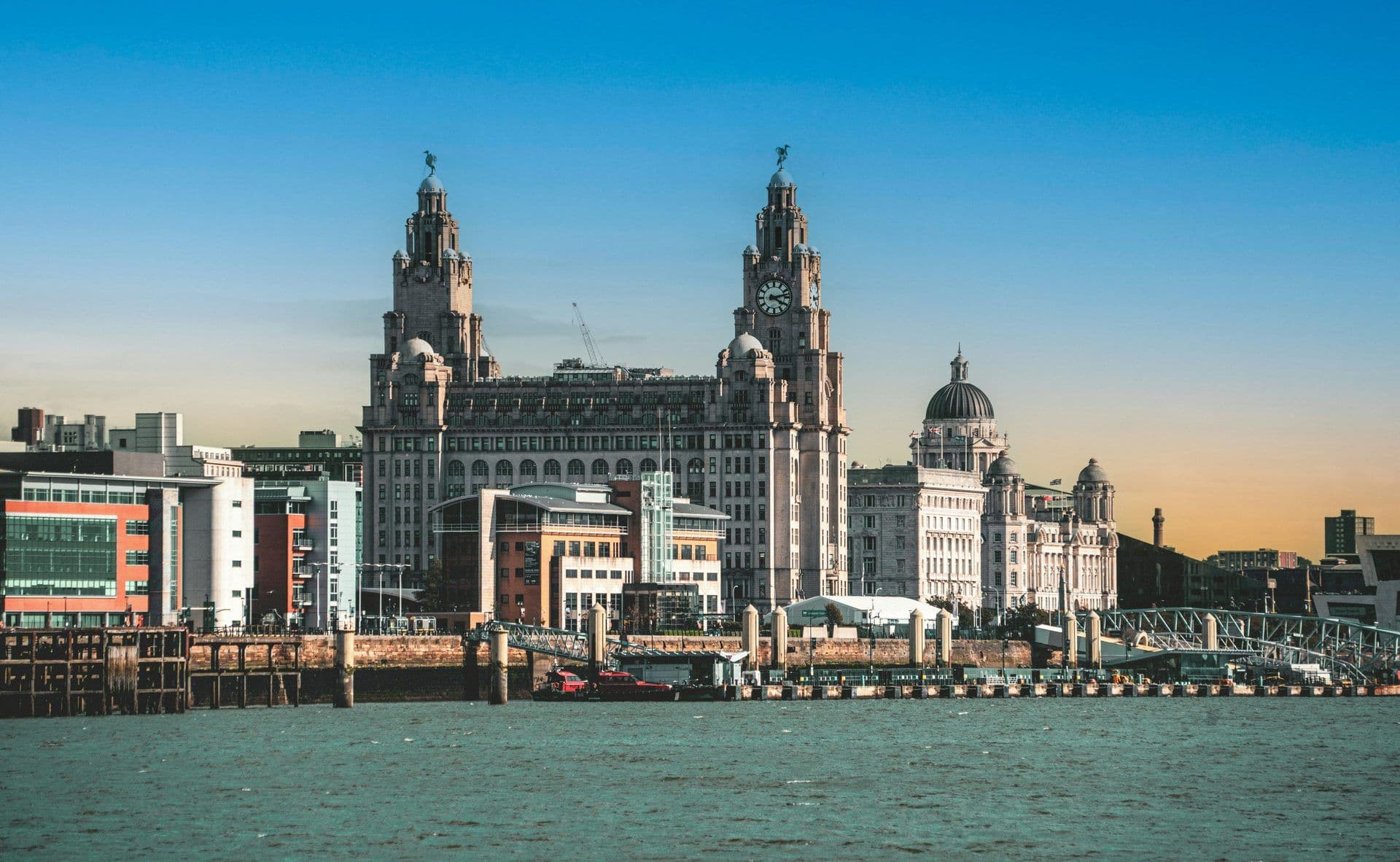 The iconic Royal Liver Building and historic waterfront architecture in Liverpool, UK