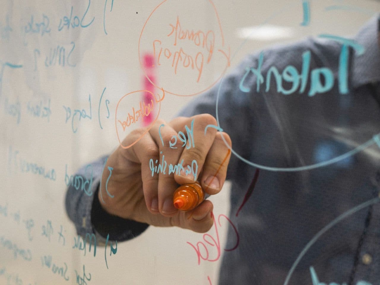 A person writes on a glass whiteboard with an orange marker during a corporate workshop.